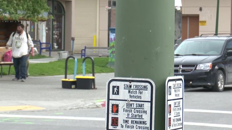 pedestrian crossing sign in Downtown Anchorage