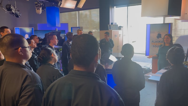 AMYA cadets visit with AKNS chief meteorologist Melissa Frey.