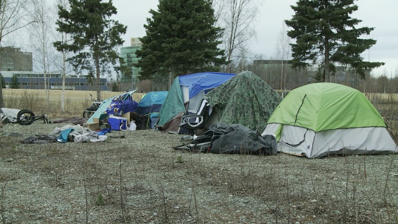 A homeless camp is seen in Anchorage, Alaska, on May 10, 2023.