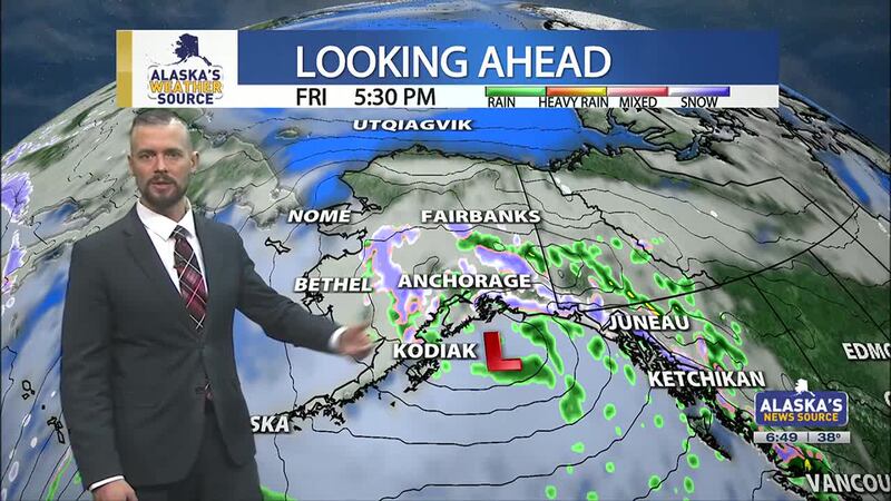 Rain and snow move into the Interior, with sunshine and showers for Southcentral