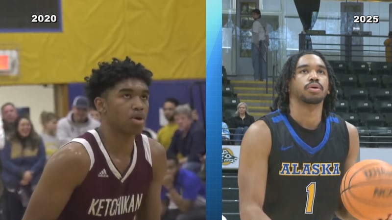 On the left, Chris Lee as a senior in high school playing for Ketchikan. On the right, Lee as...