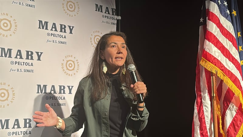 Democrat Senate candidate Mary Peltola speaks at her campaign party as she takes an early lead...