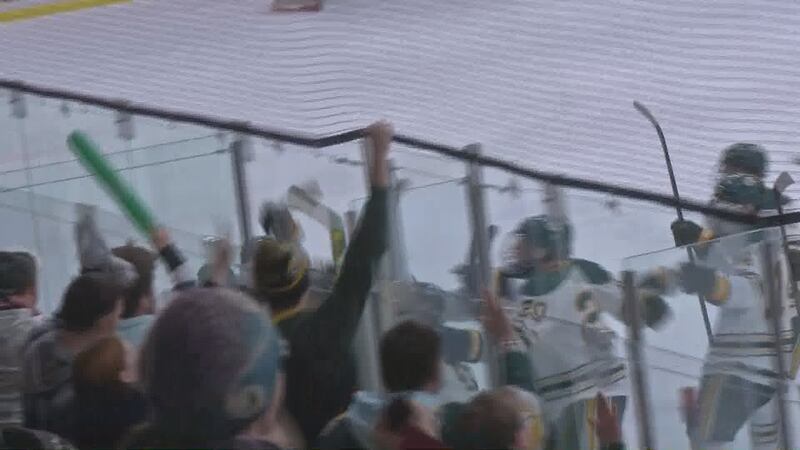 UAA hockey celebrates a shootout win over UAF in Game 3 of the Governor's Cup.