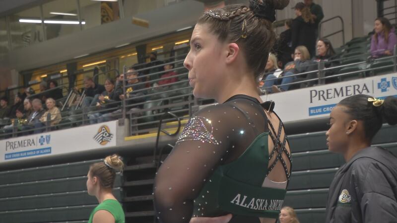 Seawolves Gymnast Montana Fairbairn settles in before performing her vault routine against...
