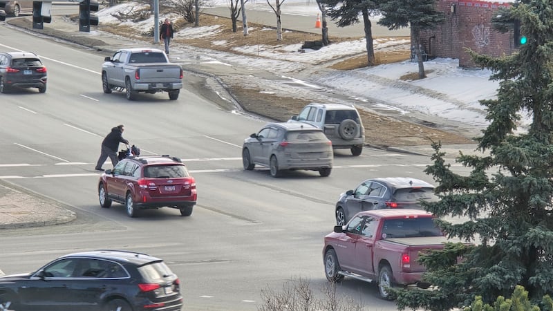Jaywalking as seen from office window in midtown Anchorage