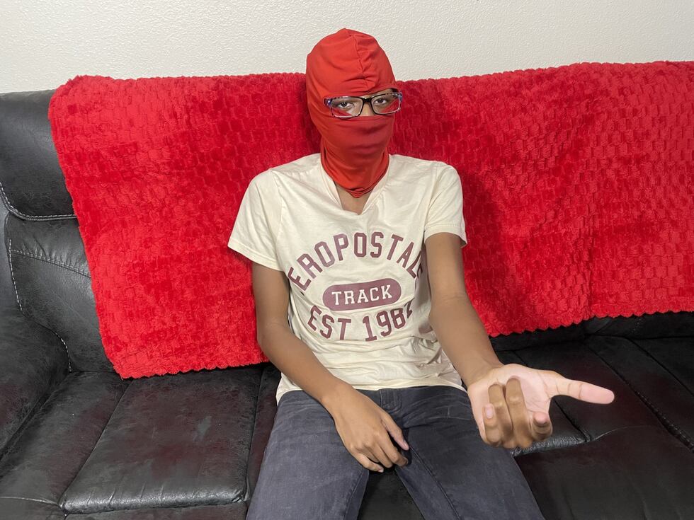 Dominique showing off his Spider-Man mask during our Make-A-Wish interview.