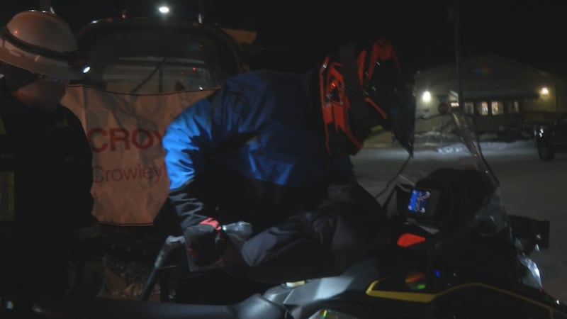 Iron Dog racers refuel before departing the Nome Checkpoint in the 2025 Iron Dog Snowmachine race