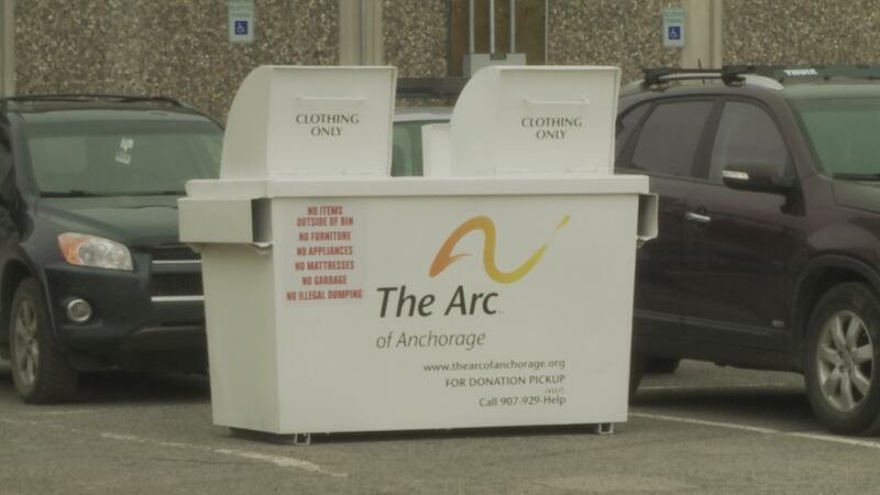 A clothing donation bin at Service High School in Anchorage, Alaska.