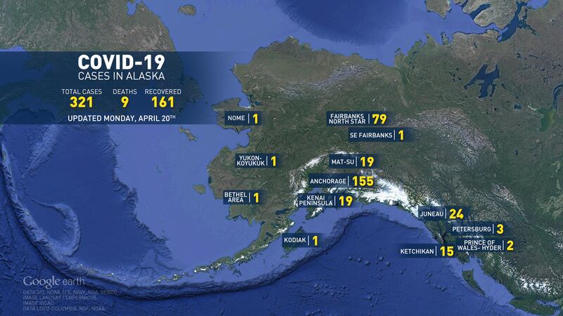 Alaska COVID-19 case count as of Monday, April 20, 2020 according to DHSS data (KTUU)