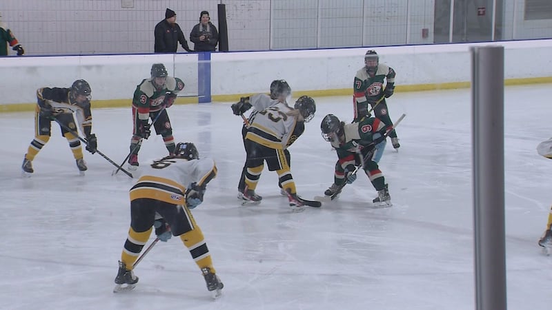 Players prepare for the opening faceoff Between Dimond/West and Service/East