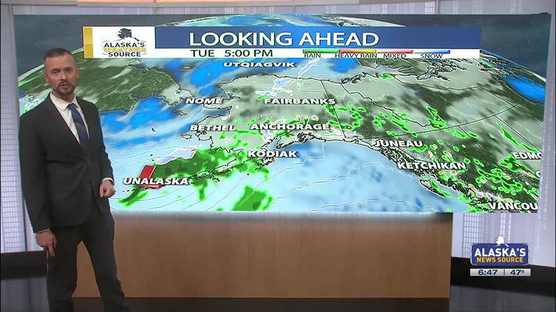 Winter weather to the north, with showers across southern Alaska