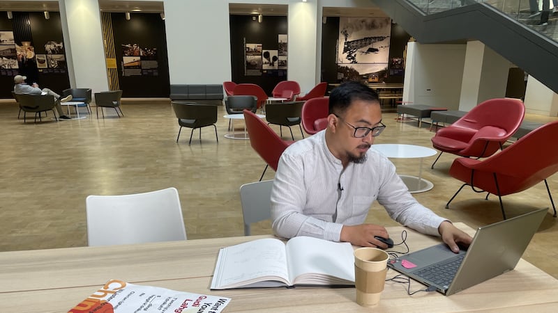 Kirk Gallardo works on his Alaska Native language program at the Anchorage Museum.