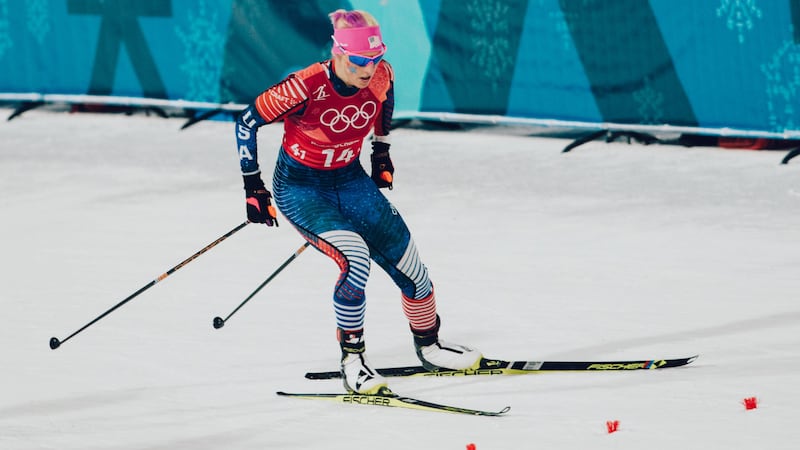Kikkan Randall in the cross-country team sprint in the 2018 Olympic Winter Games in...