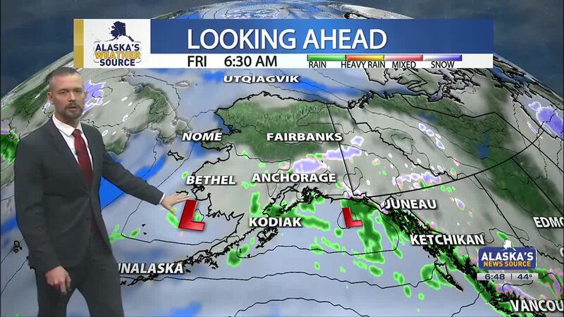 Flood watch for the Buckland River, with showery weather across Alaska
