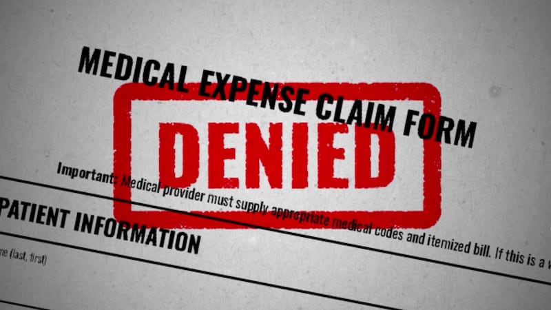 A simulated health insurance claim form with a stamp reading "Denied" across it.