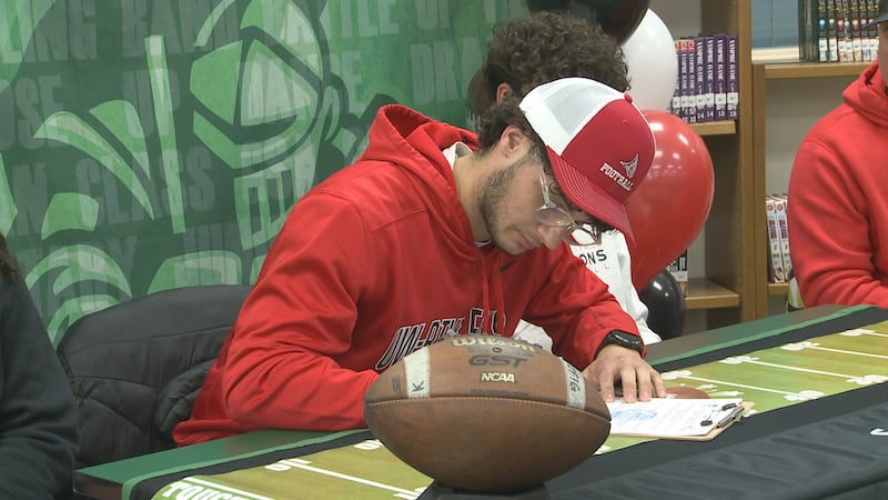 Colony High School kicker Johnny Figgins signs to play at the University of Wisconsin-River...