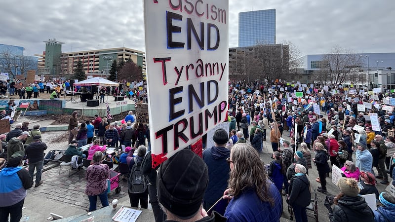 Anchorage Town Square Park filled with protestors who oppose the actions of the Trump...