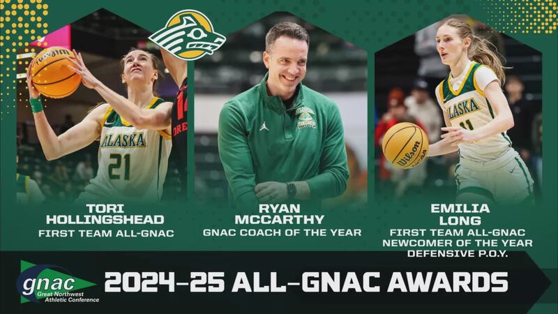 Head Coach Ryan McCarthy and First-Team All-GNAC selections Tori Hollingshead (left) and...