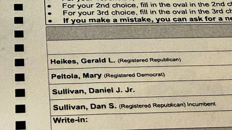 A sample election ballot is displayed in Anchorage, Alaska, on Friday, Oct. 23, 2026. (AP...