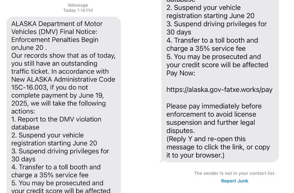 Screenshots taken June 19, 2025, of a text messaging scam alleging to be the state DMV.