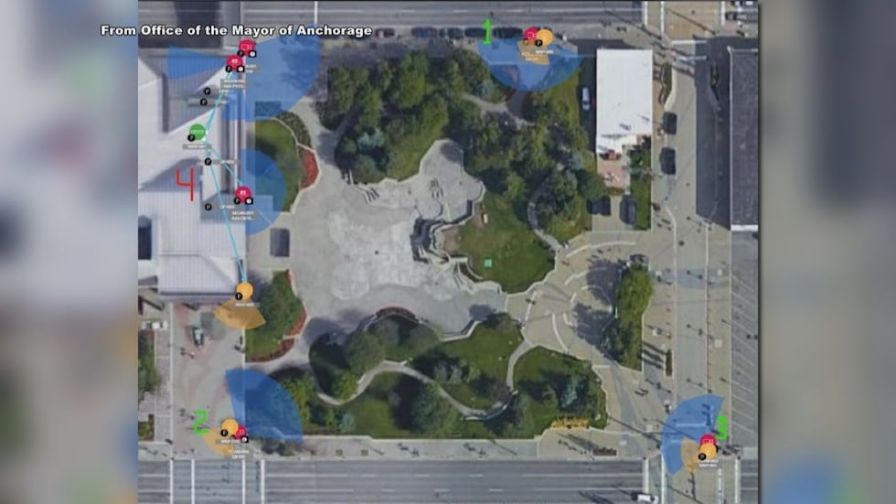 A diagram from the Office of the Mayor of Anchorage showing where the cameras will be in Town...