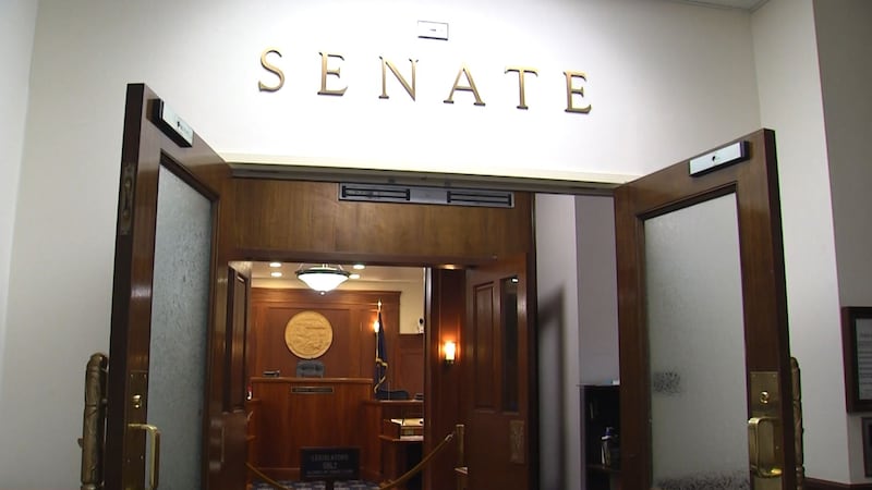 The doors to the Alaska state Senate chambers in Juneau.