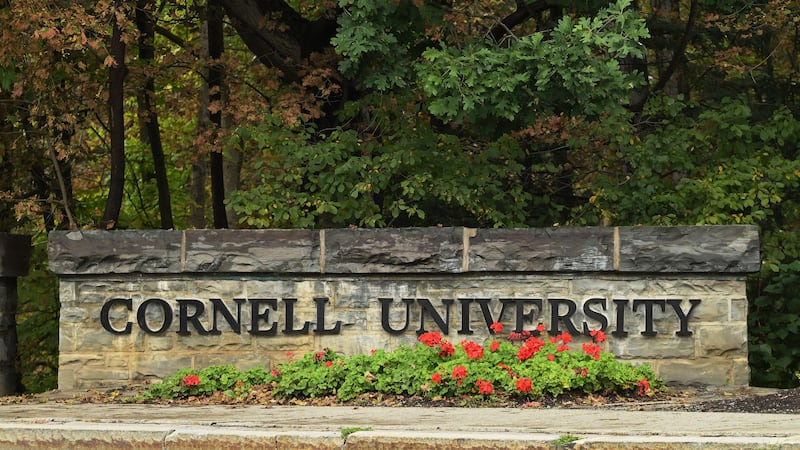 A Cornell University sign stands in Ithaca, N.Y., Monday, Sept. 28, 2026. (AP Photo/Heather...