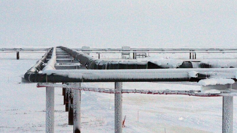 This Feb. 9, 2016, photo shows ice forming on pipelines built near the Colville-Delta 5, or as...