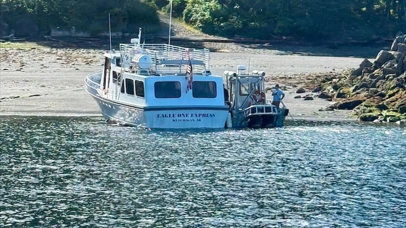 The Eagle One Express sits beached on Annette Island in Southeast Alaska on July 16, 2026.