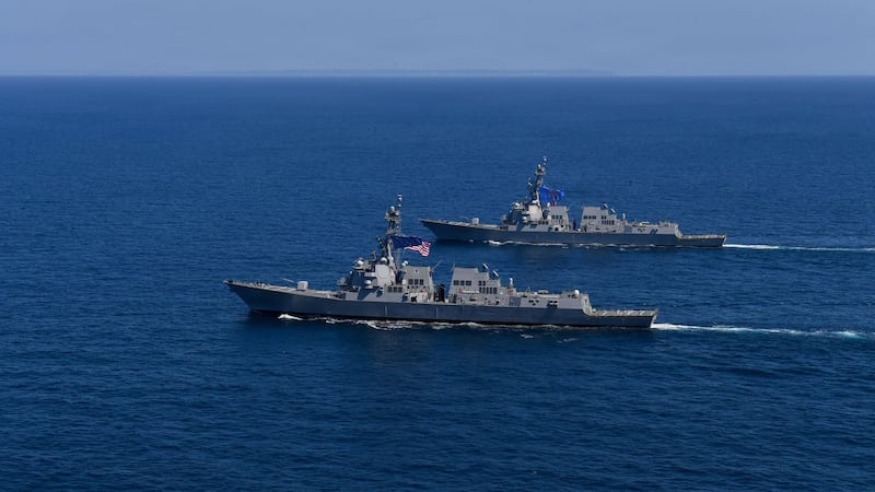 The Navy’s newest Flight III Arleigh Burke-class guided-missile destroyer, the future USS Ted...