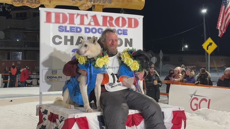 2025 Iditarod Champion Jessie Holmes celebrates with lead dogs Polar (left) and Hercules (right).