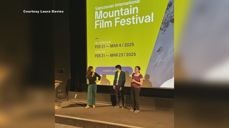 Jackson Pearson and Silje Morse onstage at the Vancouver International Mountain Film Festival