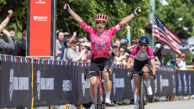 Homer's Kristen Faulkner celebrates after winning the 2025 USA Pro Road Championships in...
